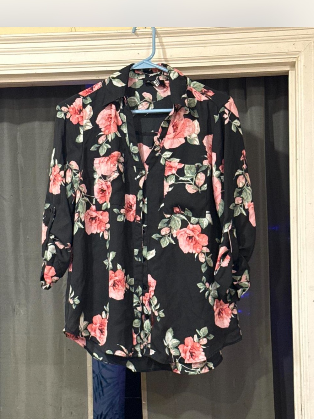 A. Byer Black Button-Down Shirt with Pink Floral Print